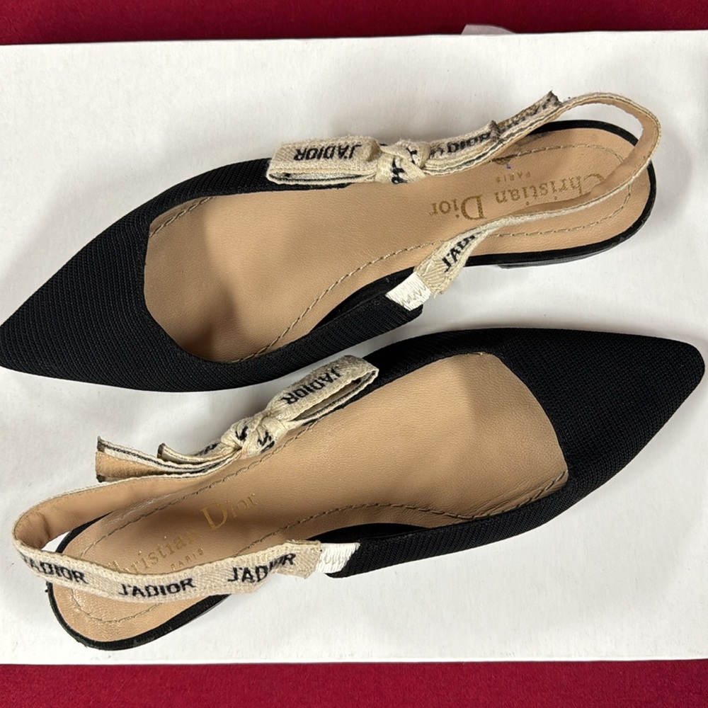 Dior Black Pointed Slingback Flats with White J'Adior Ribbon reposh size 36 - Picture 2 of 16